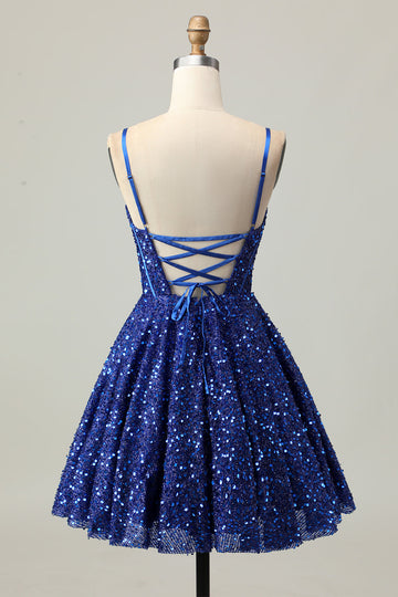 Sparkly Dark Blue A Line Corset Sequins Cocktail Dress